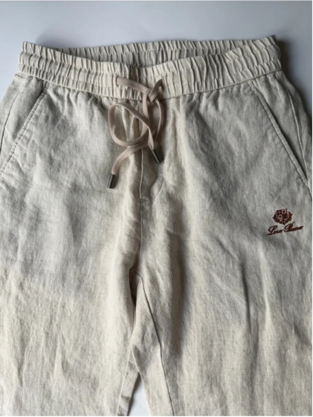 Loro Piana Linen Blend Beige Drawstring Pants Embroidered Crest